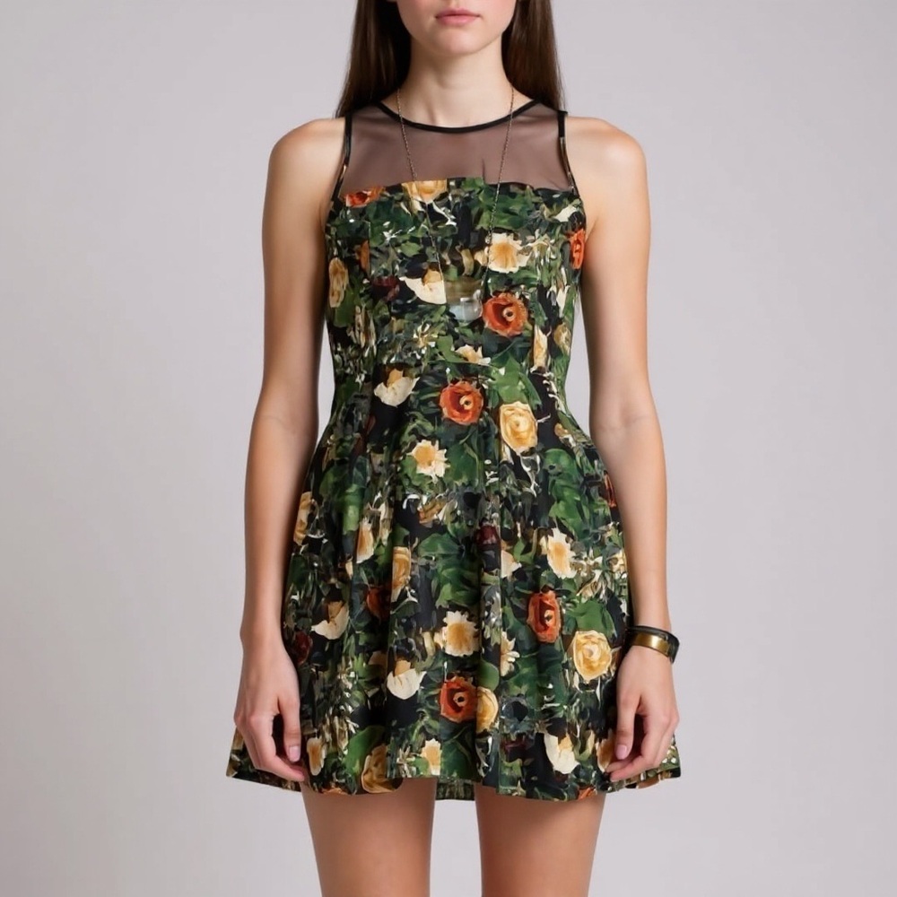 Jack Floral Mesh Panel Dress - Green and Orange - Picture 1 of 16